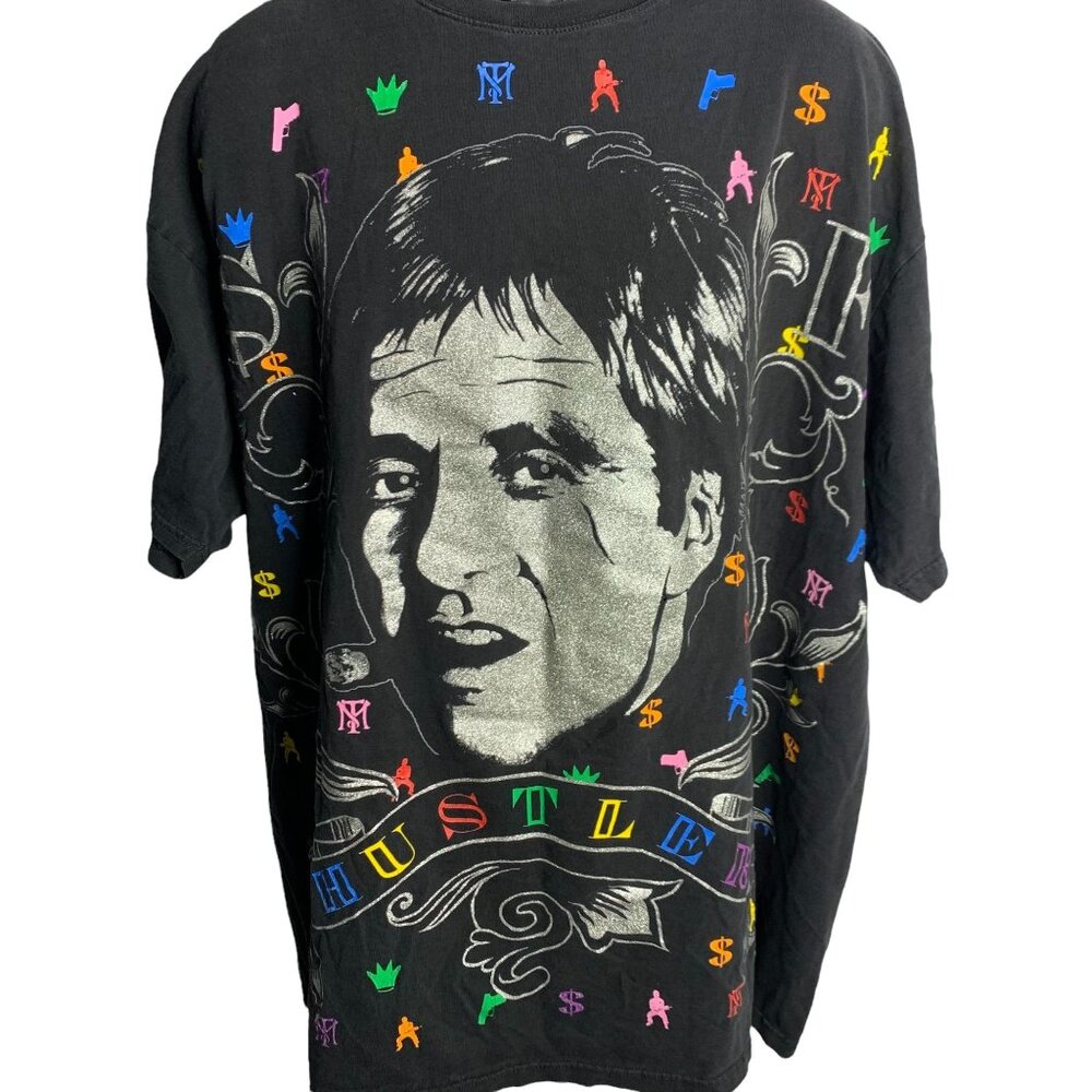 Vintage Mens Rare Scarface Movie Hustler AOP Crewneck Short Sleeve Shirt Sz 2XL